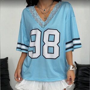 Blue lace V-neck jersey top